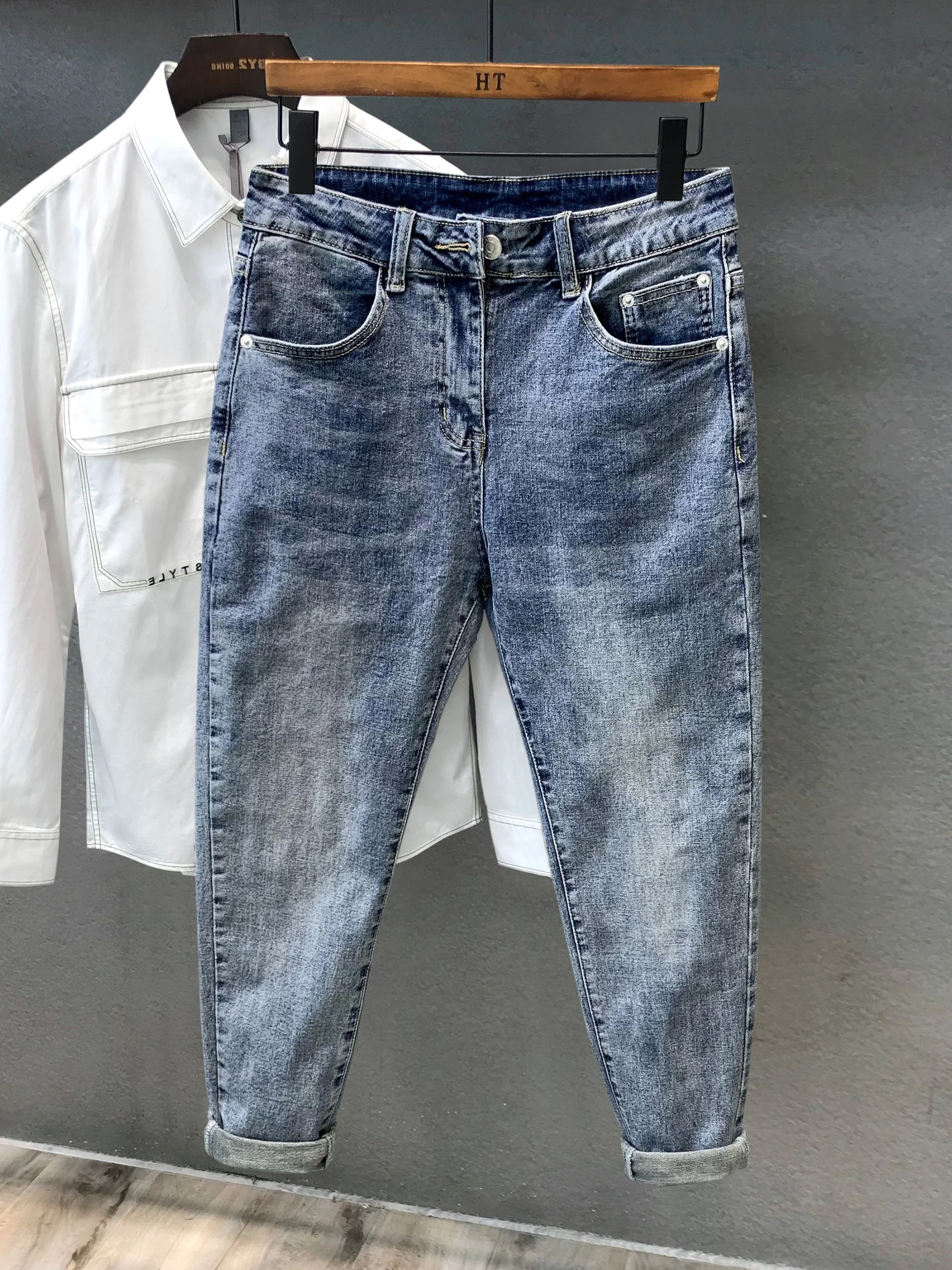 

Retro Waed Slim Fit Jeans Men's Spring Autumn Nine-Tenths Elastic Cuffed Pants Youth Faion Casual mid Waist Zipper