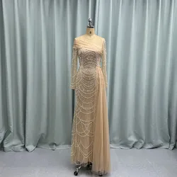 YQLNNE Beige Beading Long Sleeves Evening Dresses O Neck Mermaid Women Wedding Party Gowns Saudi Arabia