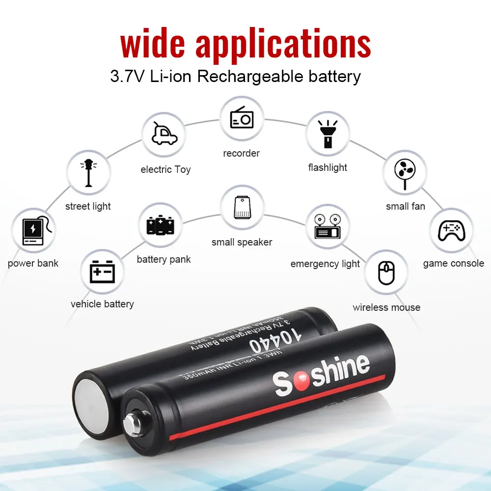 Soshine 350mAh 10440 Lithium Batteries 3.7V AAA 350mAh Li-ion Rechargeable Battery 10440 Battery for Recorder Game Console Toy