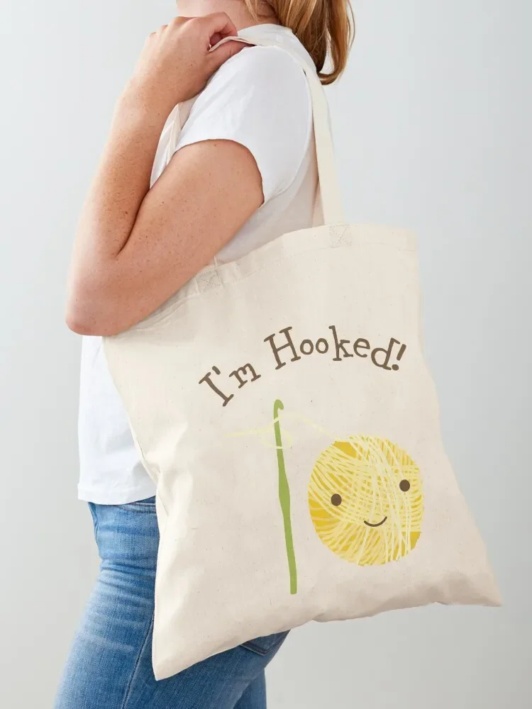 

I'm Hooked Cute Smiling Ball of Yarn and Crochet Hook Tote Bag canvas tote tote bags cloth bags reusable grocery bags