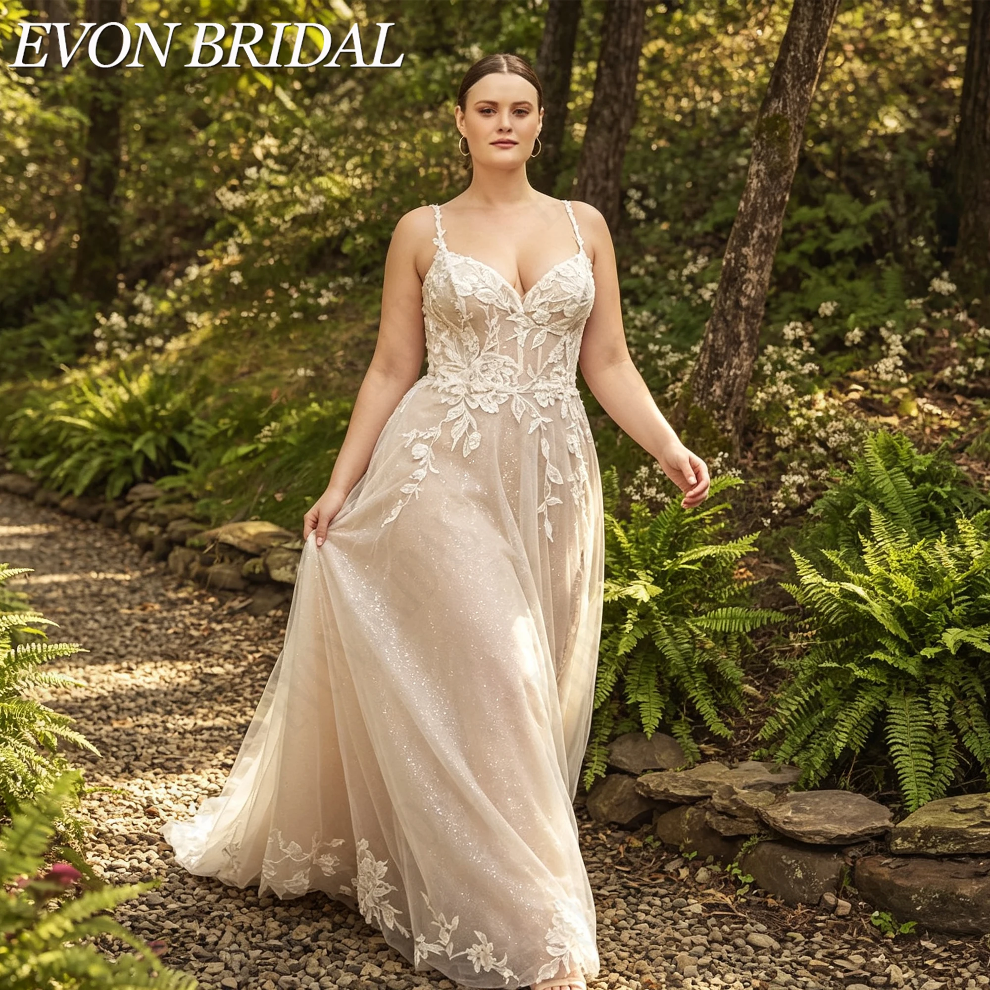 EVON BRIDAL Свадебное платье на тонких бретелях с аппликациями для пышных женщин глубокое V вырез А-силуэт высокий разрез свадебное платье заказ элегантное подвенечное платье для невесты ручная вышивка индивидуальный