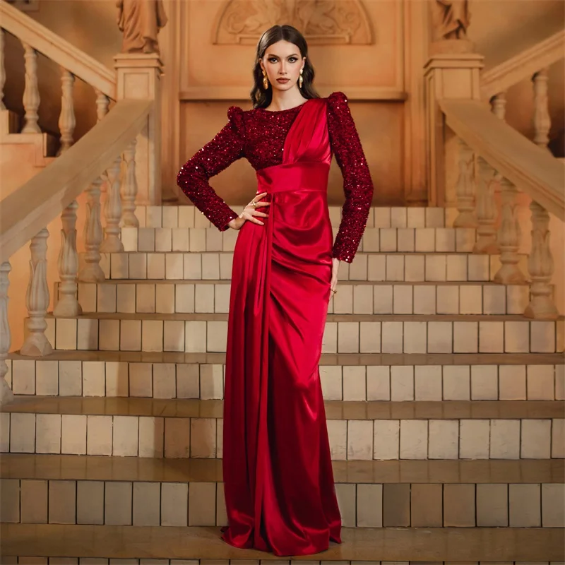 

O-Neck Sequins Glitter Women Banquet Dress Pleated Padded Shoulders Party Gown Burgundy Long Sleeve Prom Dress Newest In Stock