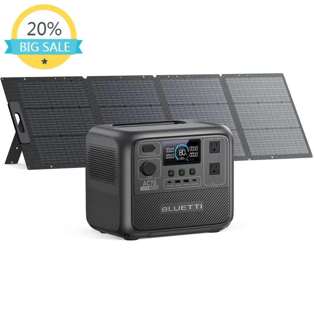 

Portable 768Wh Power Station with 200W Solar Panel, 2 1000W AC Outlets, 45 Min Charge, Ideal for Camping and Emergency Backup
