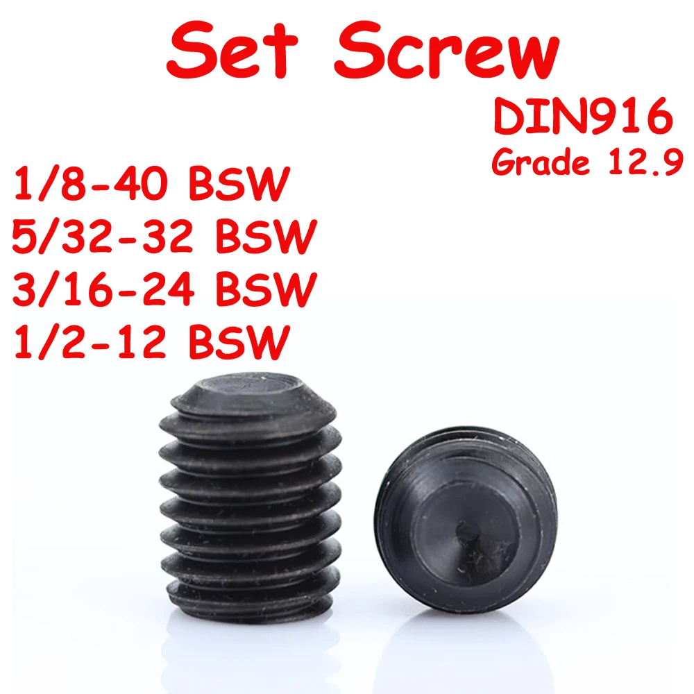 

Yiqianyuan DIN916 1/8'' 5/32'' 3/16'' 1/2'' BSW Grade 12.9 Alloy Steel Hex Socket Set Screws with Cup Point Headless Allen Bolts