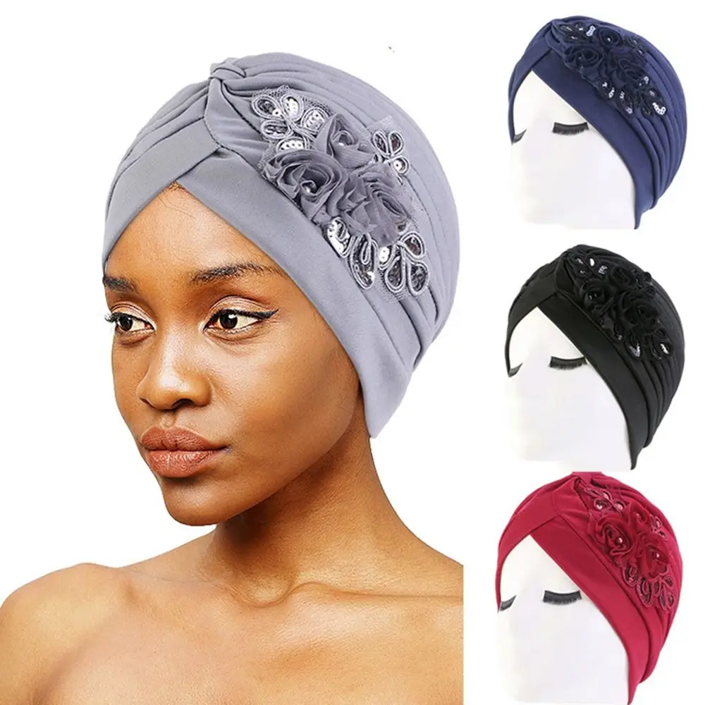 Ladies Sequin Flower Turban Hat Muslim Pleated Indian Inner Hijabs Sleep Cap Solid Color Head Wrap Women Bandana Headwear Boonet