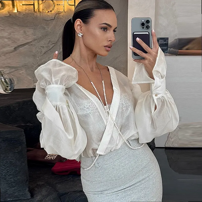European Women Blouse Spring Summer Loose Lapel Lantern Long Sleeve Shirt Tops