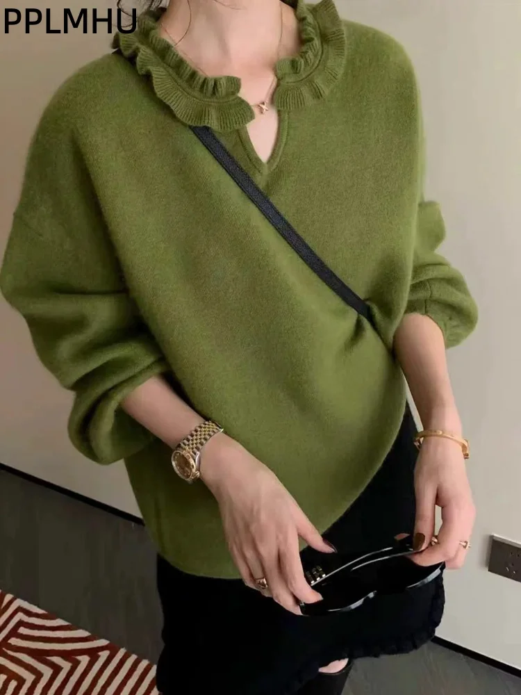 Fungus Edge Baggy Fashion Knitted Sweater Women's Casual V-Neck Soft Pullovers Loose Long Sleeved Knitwear Top Sueter