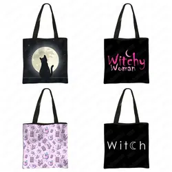 Witch Moon Star Print Totes Bag Magical Hat Furnace Moon Cat Gothic Handbag Canvas Shoulder Bag Witchcraft Magical Shopping Bag