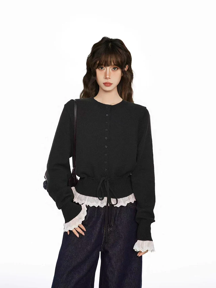 

Lace Patchwork Knit Cardigan Women Autumn Slim O Neck Long Sleeve Casual Sweater Korean Chic All Match Knitted Fake 2 Pieces