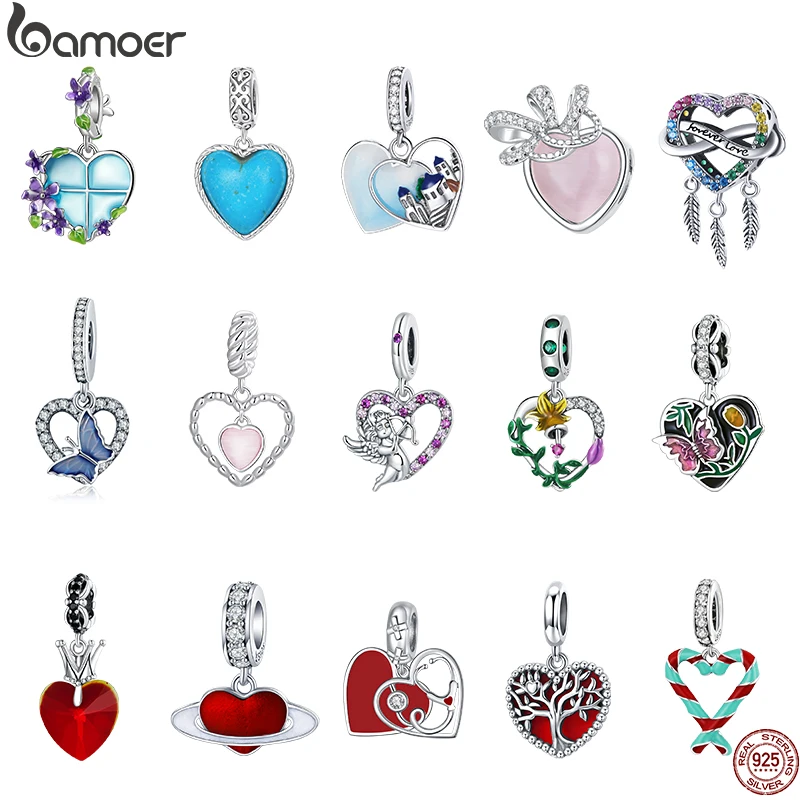 Bamoer 925 Sterling Silver Heart Shaped Bead Love Series Charms Flower Window Hanging Pendant for Making DIY Fine Jewelry