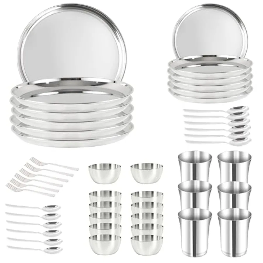 

48 Pieces Stainless Steel Dinner Set for 6 People with Full Plates Quarter Dishes Bowls Tumblers Forks Spoons Metal Reusable Se