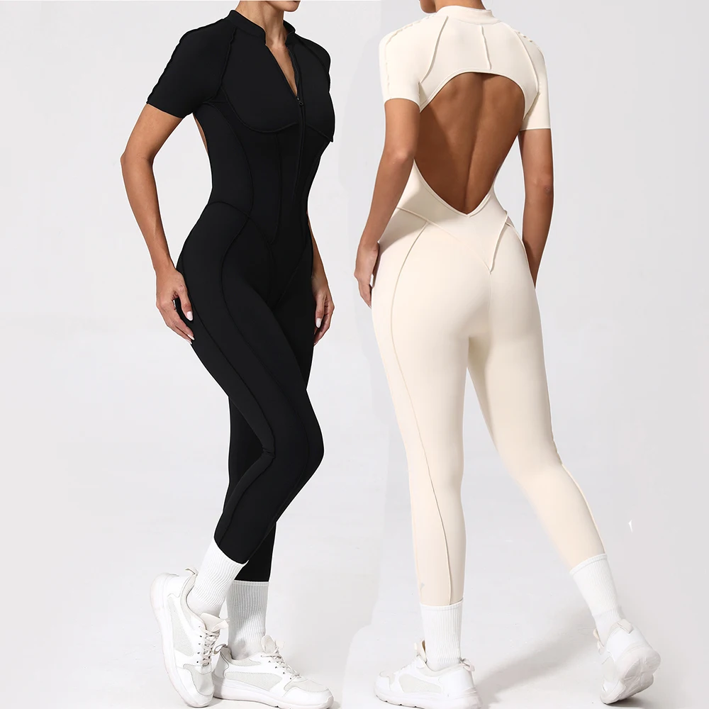 Half Zipper Jumpsuit Women Sport Overalls Long Sleeved Workout Clothing Backless Running Fitness Jumpsuit Gym Tracksuit Yoga Set