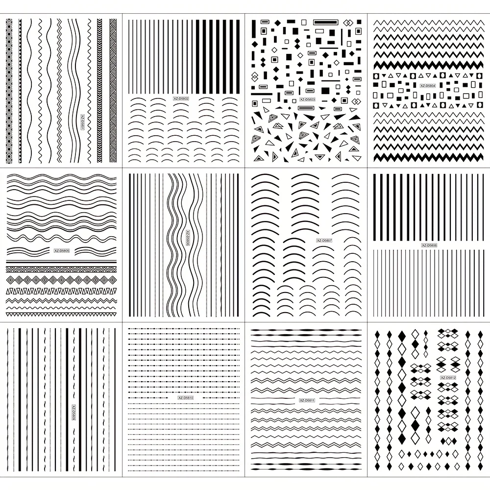 สติกเกอร์สีดำและสีขาวแบบมันเงาแบบติดเอง 12 ชิ้น - ลายเส้น 3 มิติและลวดลายเรขาคณิต สติกเกอร์ติดเล็บ DIY ที่ใช้งานง่าย