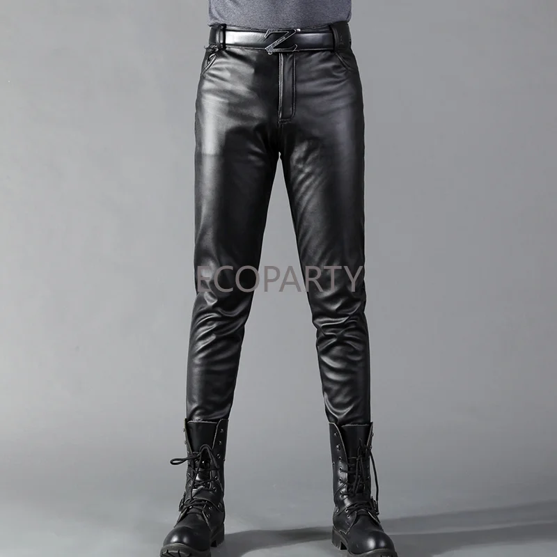 

Summer Men Leather Pants Skinny Fit Elastic Style Fashion PU Leather Trousers Motorcycle Pants Thin Streetwear Leather Pants