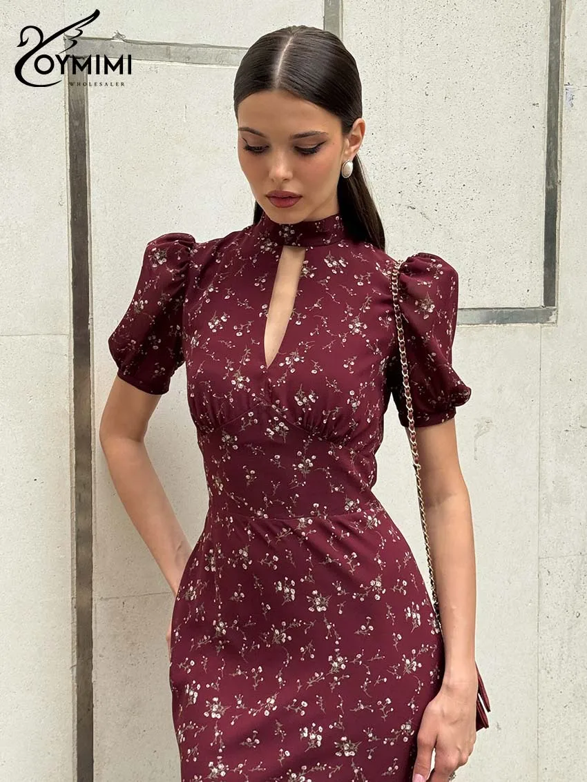 Oymimi Elegant Wine Red Print Women's Dress Fashion O-Neck Short Sleeve Hollow Out Dresses Autumn High Waist Floor-Length Dress - Image 3
