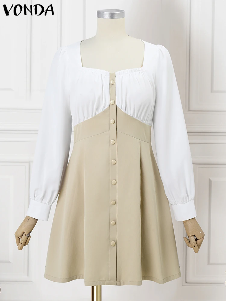 

VONDA женское мини-платье с длинными рукавами 2025, повседневное лоскутное платье с квадратным воротником и высокой талией, трапециевидное свободное платье, халат большого размера