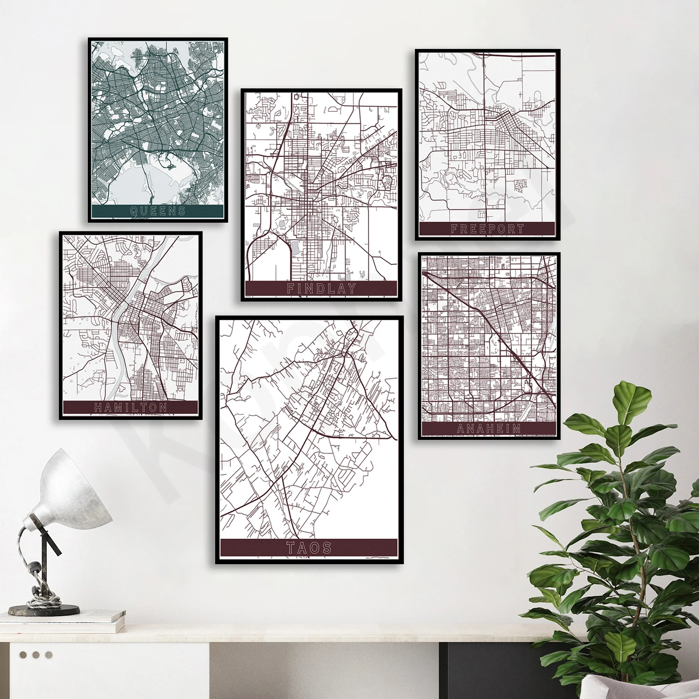 Taos Alabastro Minneapolis Clarksville Greensboro Terre Alta Findlay Burlington Hamilton Anaheim. Póster del mapa de viajes en la ciudad
