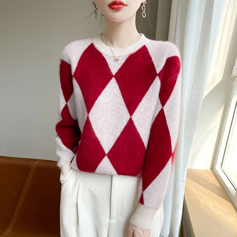 Женский вязаный свитер из 100% чистой шерсти с цветными блоками и бриллиантами, свитер с цветными блоками, свитер с круглым вырезом, осень-зима, новая базовая рубашка