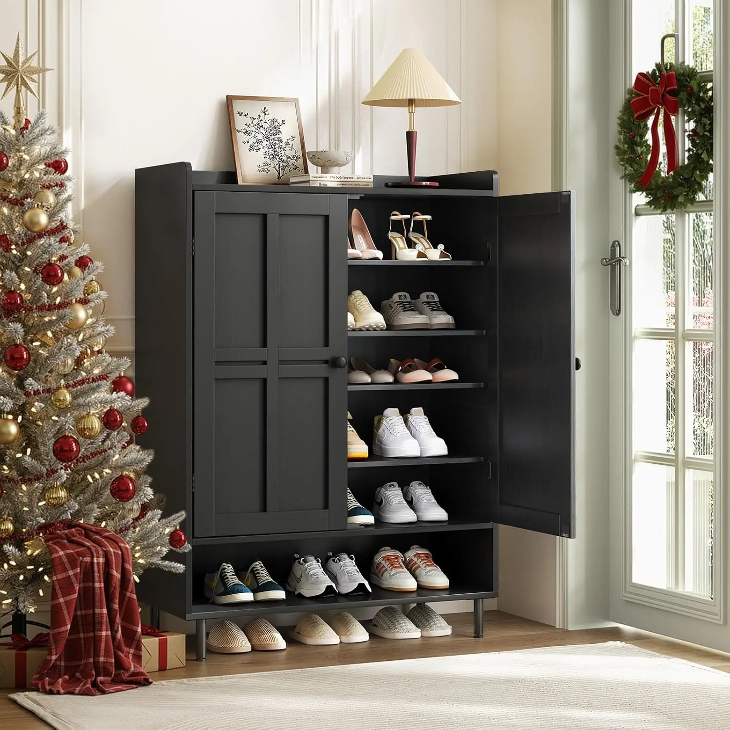 Black 7+1 Tier Farmhouse Shoe Storage Cabinet - 45