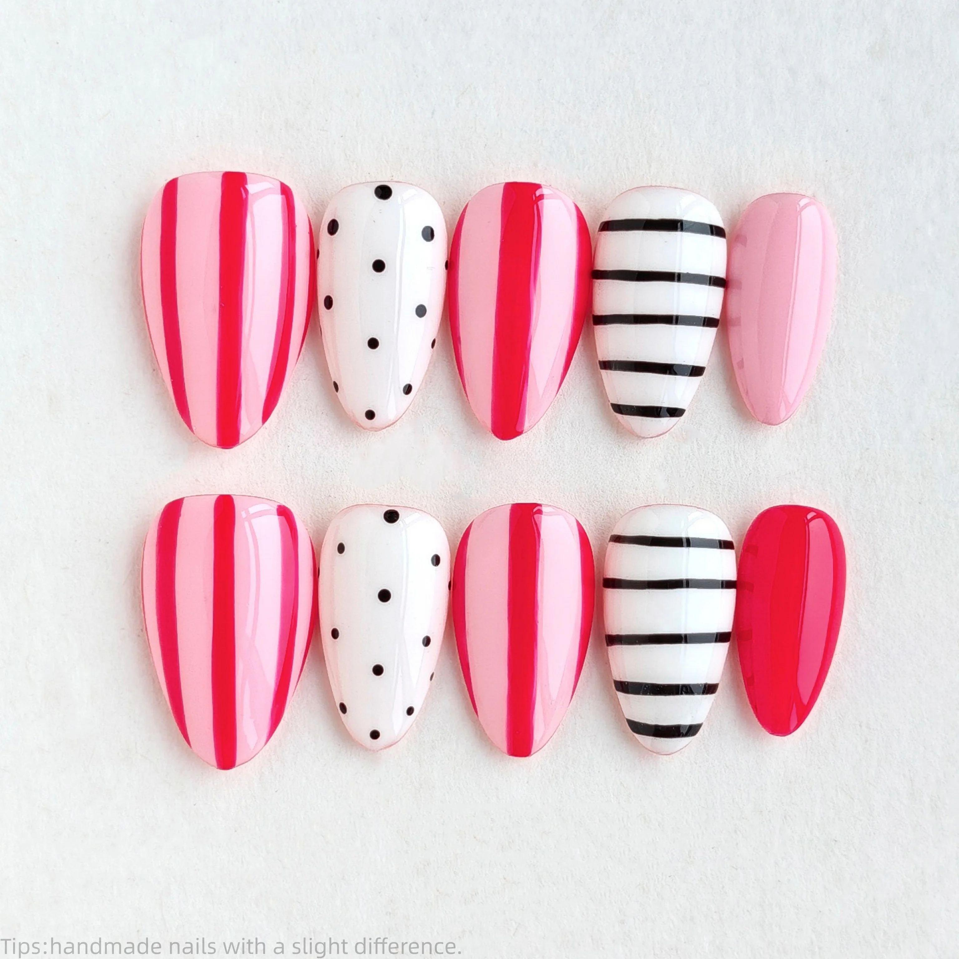 10 Uñas Postizas Hechas a Mano con Rayas Rosas y Rojas, Uñas Postizas Cortas en Forma de Almendra, Dulces y Lindas, Uñas Postizas Decorativas de Moda