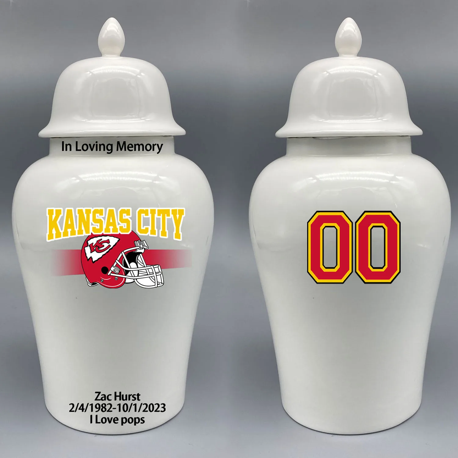 Large Urn for Kansas City Chiefs-themed Logo Urn.Please send me the customize information-name/date and number on the urn