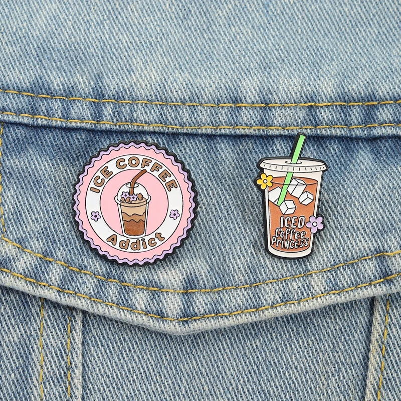 Iced Coffee Addict Princess Enamel Pins Creative Brooch Coffee Enthusiasts Badges Funny Coffee Lover Jewelry Gift for Friends