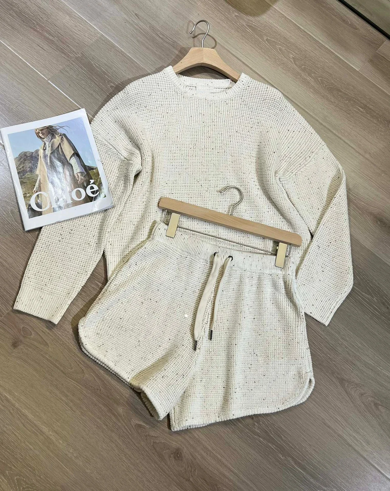 Women's Set 2024 New Autumn Spring Cotton Rib O-neck Casual Long Sleeve Sweater or Drawstring High Elastic Waist Shorts