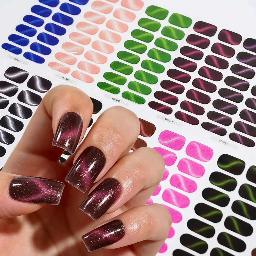 16Tips Semi-Cured Gel Nail Sticker Solid Glitter Cat Eye UV/LED Lamp Gel Nail Polish Wraps Long-Lasting Full Cover Nail Decor11~