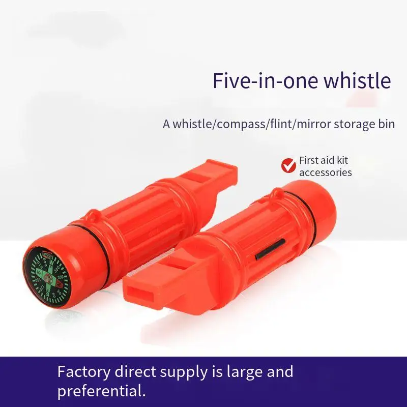 

Outdoor Emergency 5-in-1 Multi-Function Survival Whistle With Compass Flint Stone Mirror Storage Bin High Decibel Whistles For