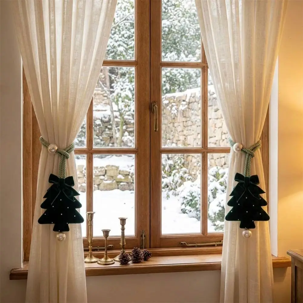 2Pcs Adjustable Christmas Tree Curtain Tieback Pearl Bow Shape-Retentive Holiday Fabric Curtain Holder Braided Cord