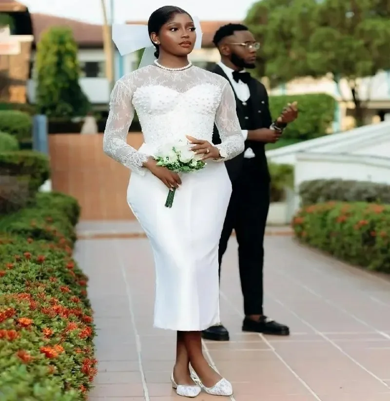 

Elegant Sheath Wedding Dress O-neck Lace Long Sleeves Bow Train Tea Length Bridal Bride Party Grown African Vestidos De Noiva