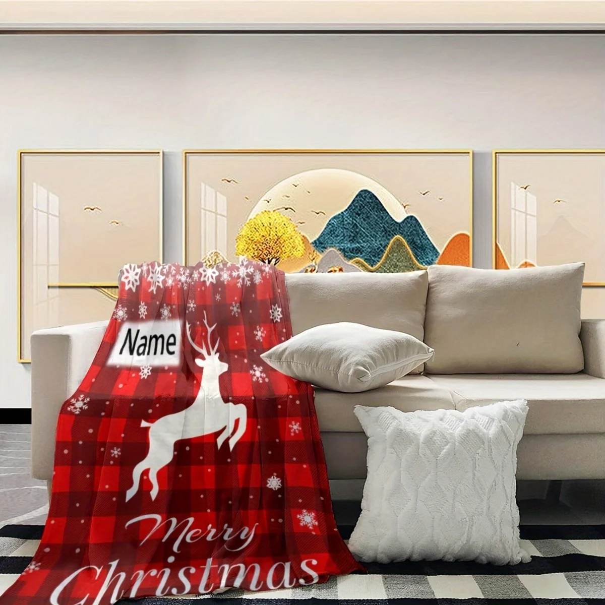 1pc customizable name flannel Christmas black elk gift blanket, blanket with personal name printed, soft woven all season blanke