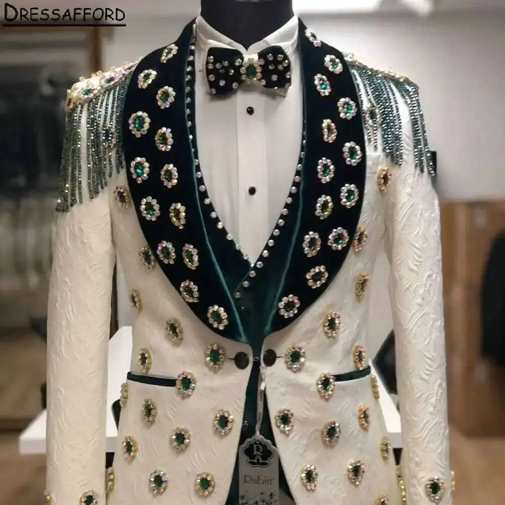 White Jacquard Beading Tassel Men Suits For Wedding Dias Groom Tuxedos 2 Pieces Jacket Pants Prom Blazers Customized