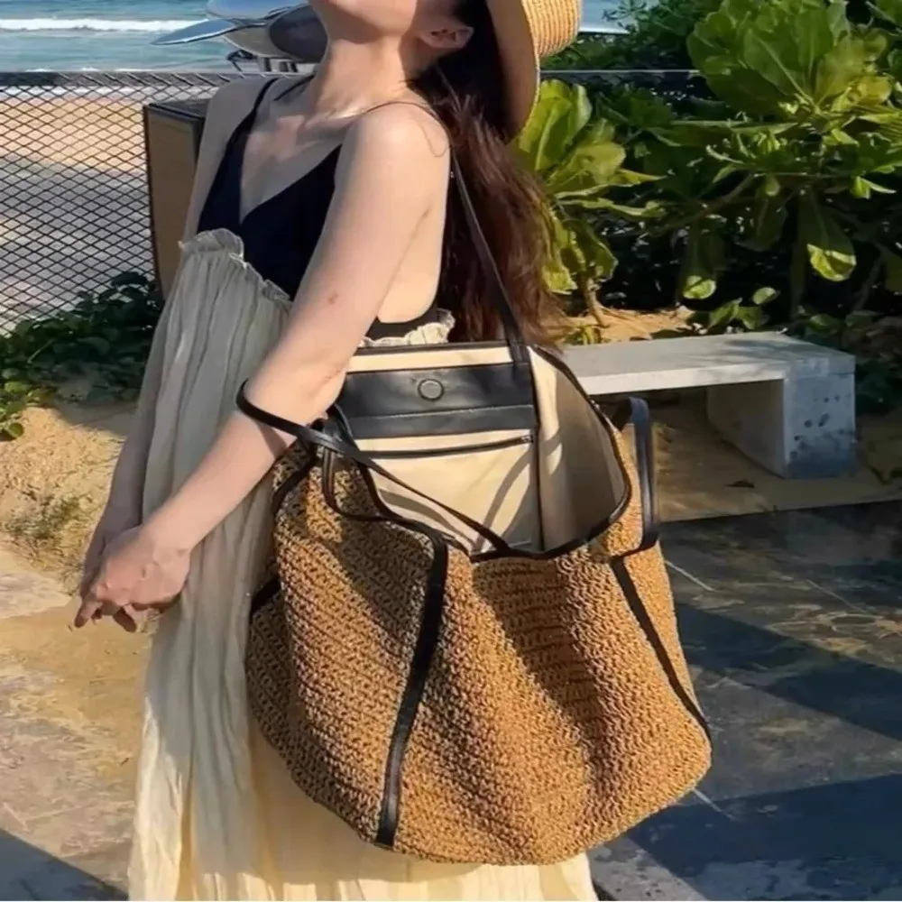 

Винтажная соломенная сумка-корзины из соломы ​ ​ Тканая сумка на плечо в корейском стиле, тканая большая сумка ручной работы большой вместимости ​ ​