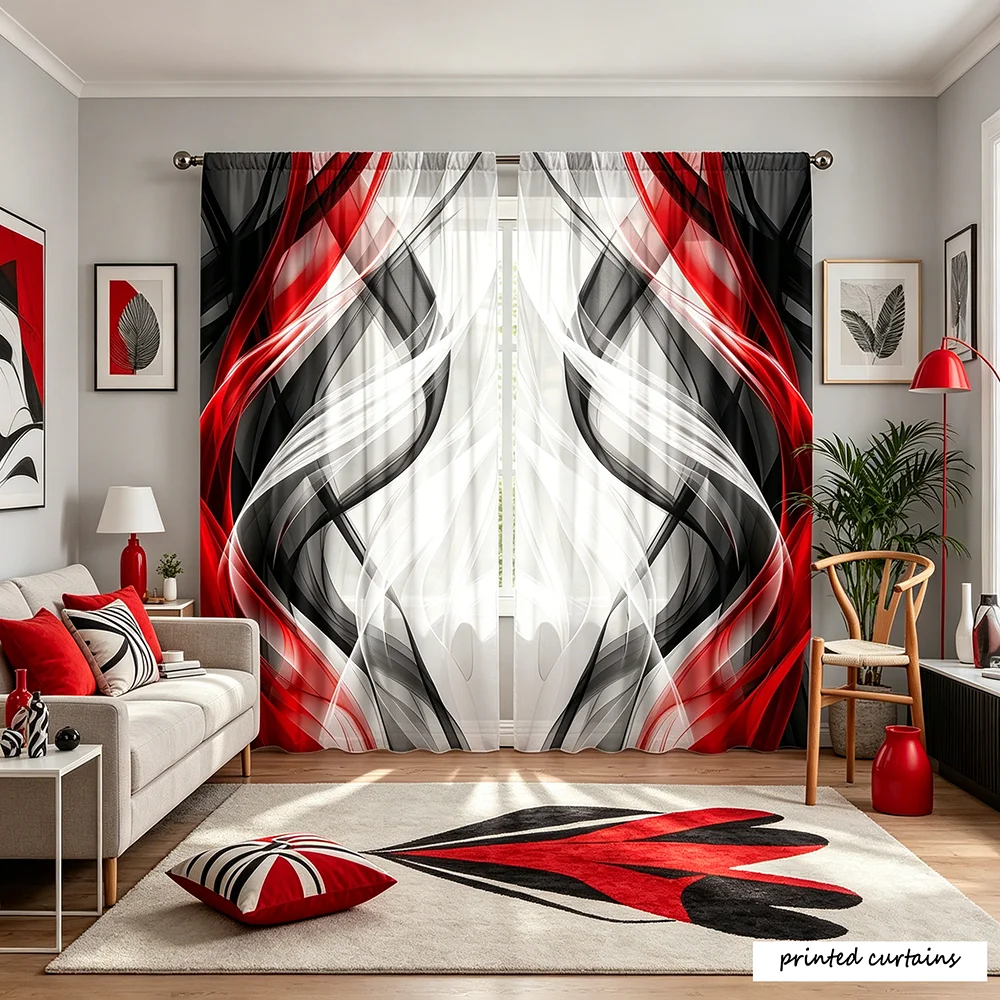 2-piece set of abstract art style curtains with swirling lines and shapes - holiday themed curtains that illuminate your living