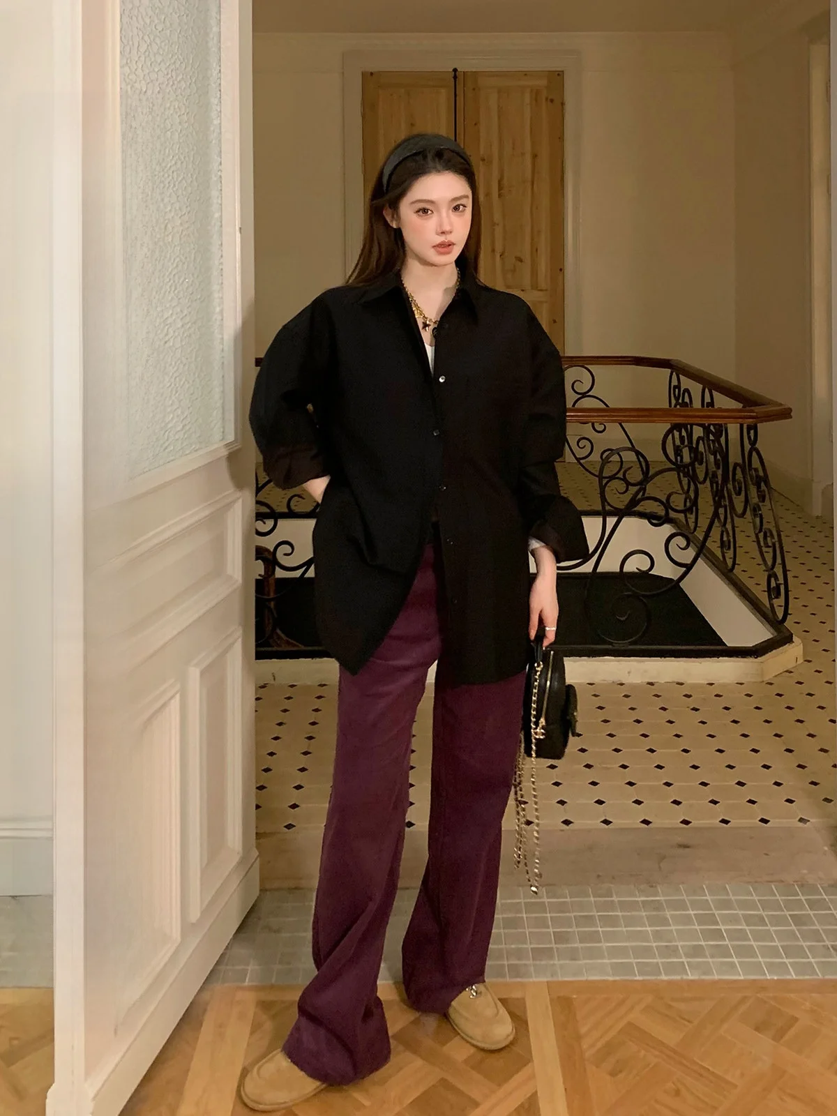 

Женская свободная классическая рубашка IUIU AJing Home: новая повседневная модель для осени и зимы, топ из смесовой ткани (полиэстер/шерсть) с длинным рукавом на пуговицах