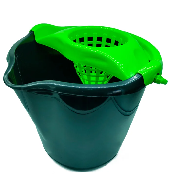 Tradineur black round scrubber bucket with drainer, polypropylene, including handle and line measure, lightweight, cleaning, hoga