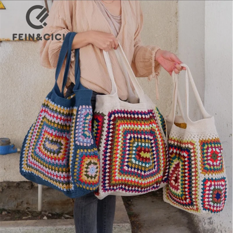 Colorful crochet boho chic granny square Gran Tote handbag Beige blue shoulder market bag Vintage Style Hippie summer beach bag