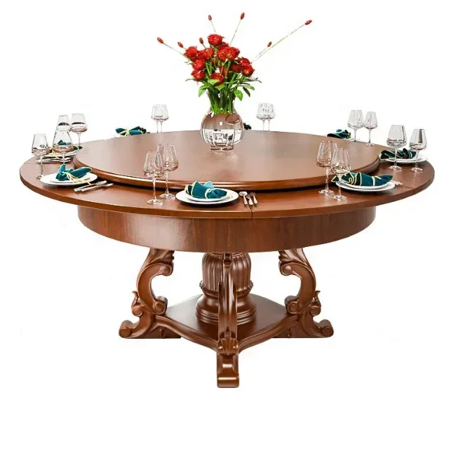 New design home furniture solid wood classic dinner house round rotating dining table