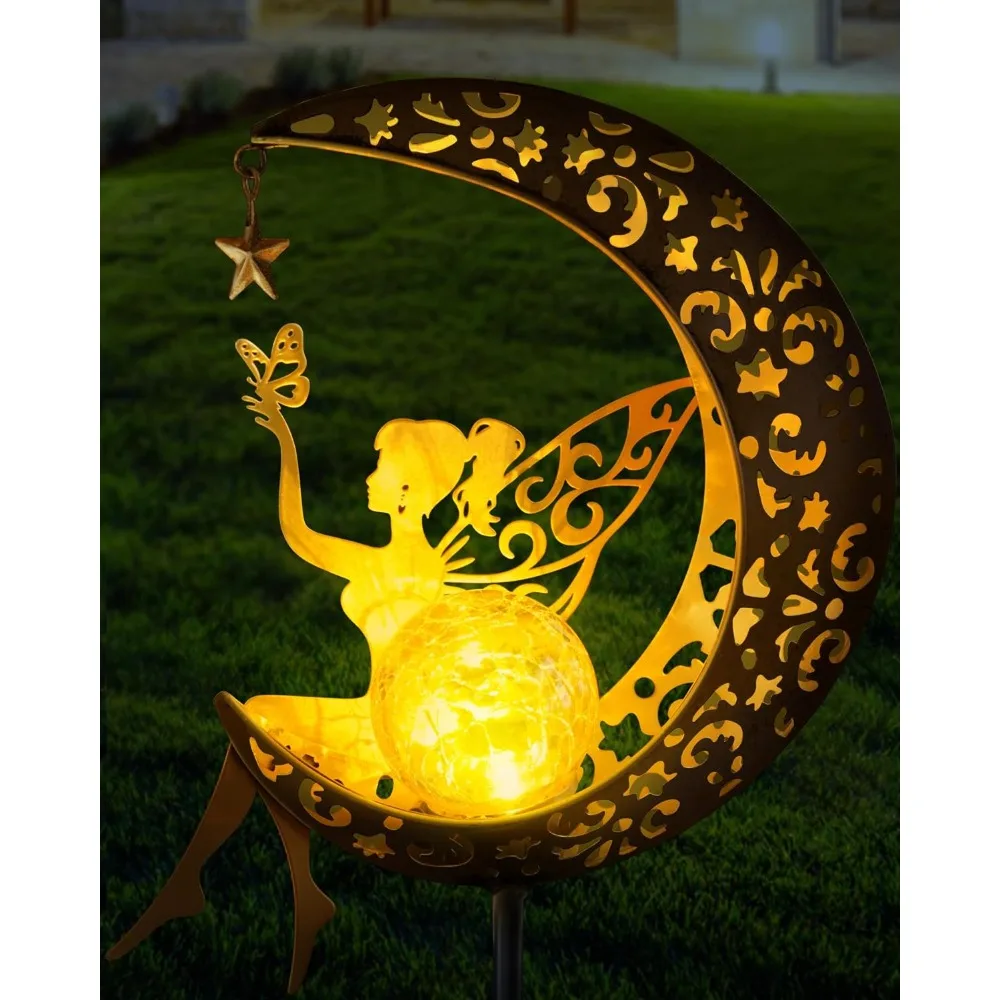 

Solar Garden Statues Outdoor Decor, Fairy Moon Figurine Light Stake, Housewarming Ornament