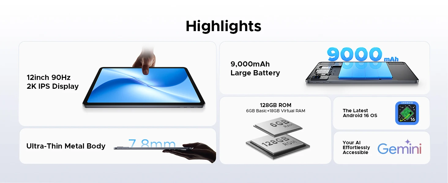 DOOGEE U12 Tablet PC Android 16 12'' S Display 24GB RAM (6GB+18GB) 128GB 9000mAh Battery UNISOC T7255 Widevine L1 Dual Dpeakers