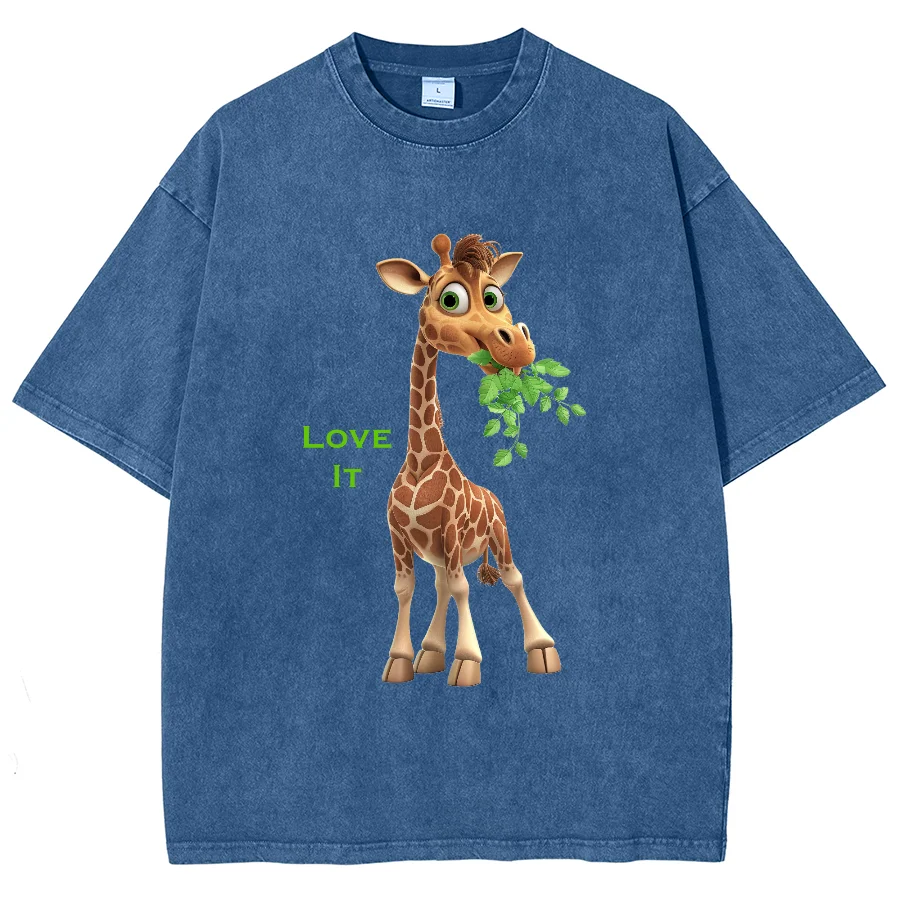 Cute Giraffe Eating Grass Print Ladies T-Shirt Neutral Wash Black Short Sleeve Oversized Loose Casual Everyday Tee