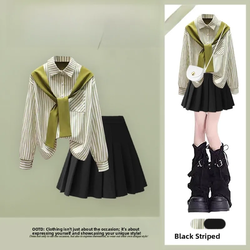 

Spring 2026 High Waist Slimming Pleated Skirt And Striped irt Two-Piece Set Women's Faion Casual Wear Comfortable Fit