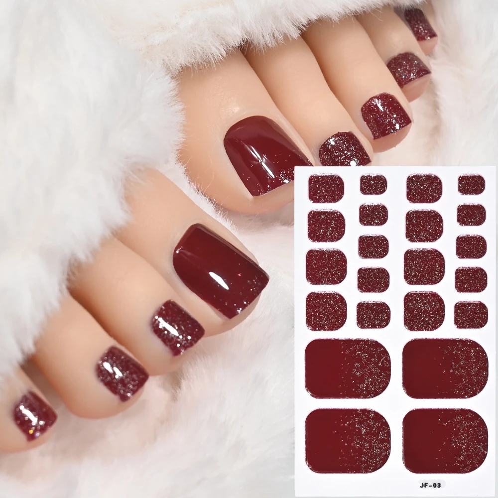 22Tips/Sheet Burgundy Red Glitter Toenail Stickers Full Cover Self-Adhesive Toenail Wraps for Summer Beach Party DIY Foot Decal