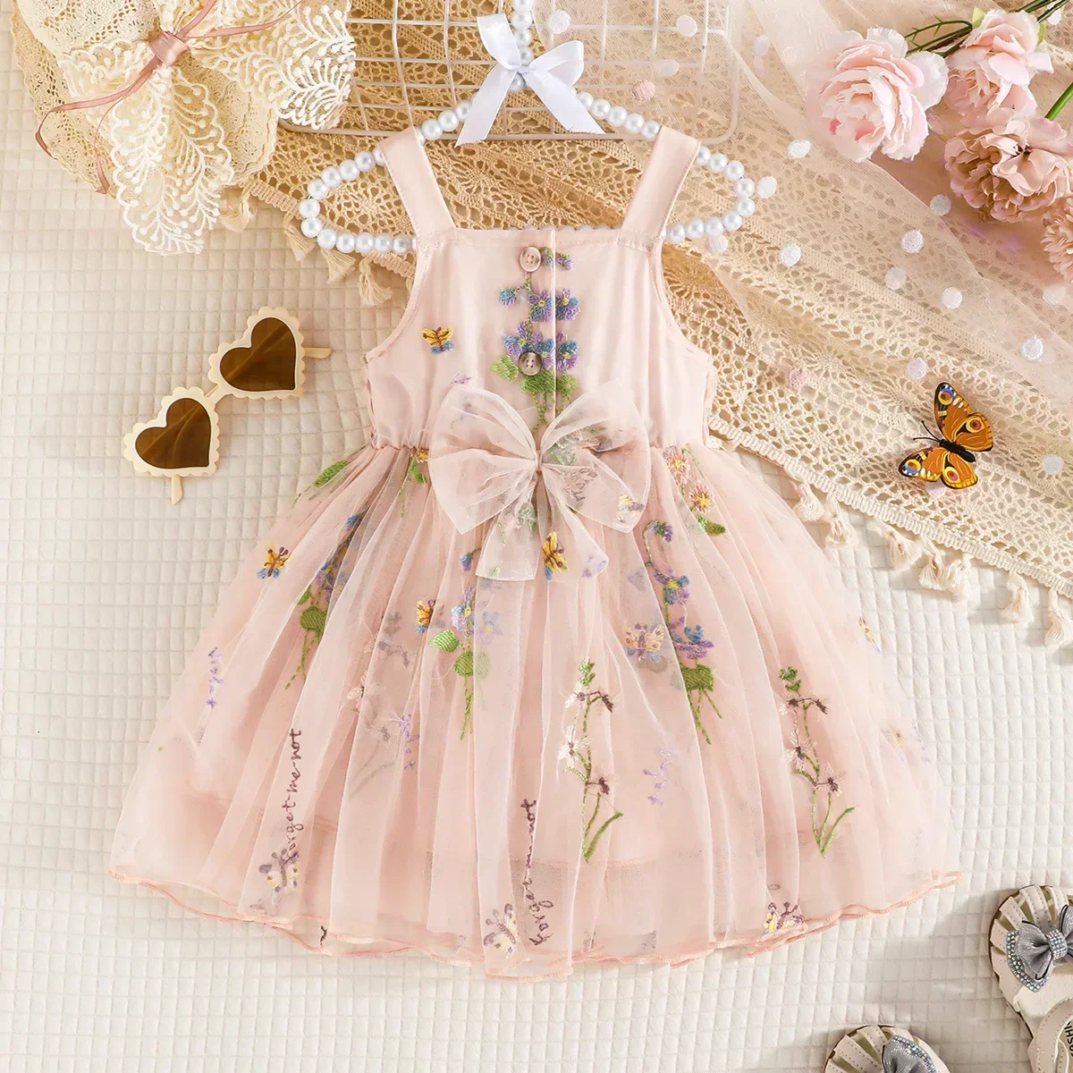 Toddler Girl Mesh Suspenders Bow Dress 2024 New Fuffy Tulle Tutu Summer Cute Baby Girl Sweet Girls Embroidery Flower Casual Wear