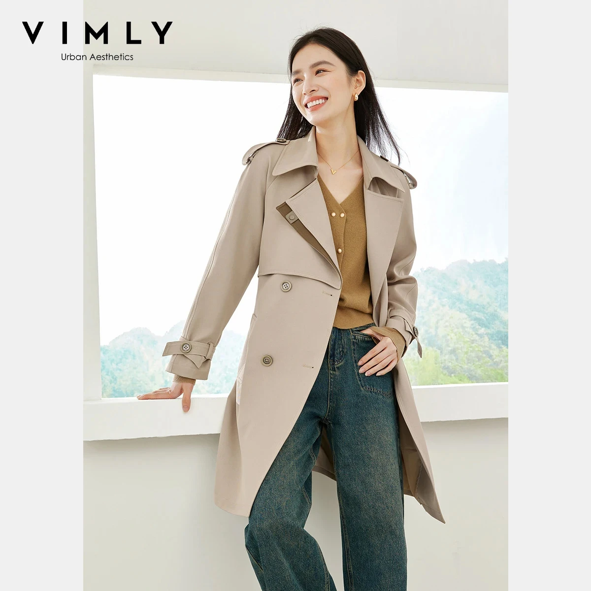 

Vimly Women's Elegant Trench Coat 2025 Autumn Turn-Down Collar double breasted long sleeves Jackets Chic office Outerwear M3856