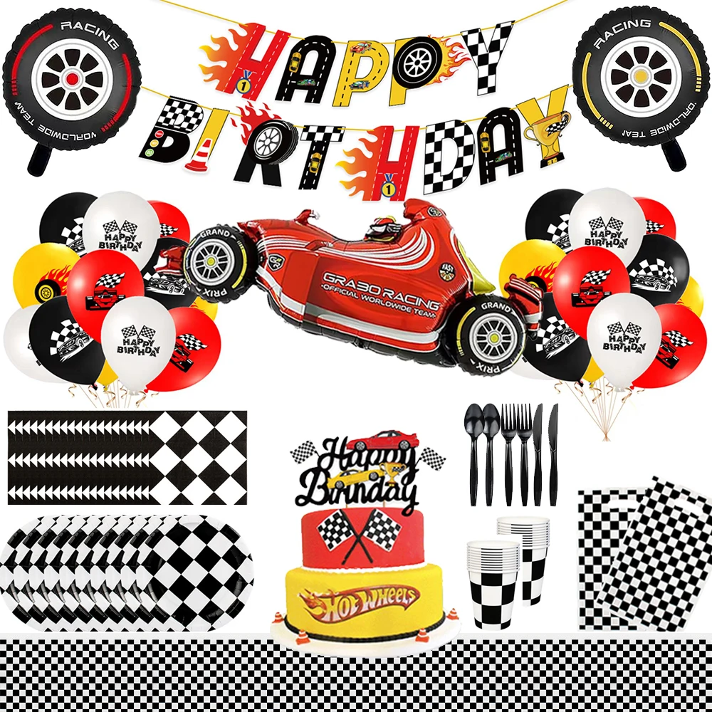 

Racing Birthday Party Decoration Black White Checkered Tableware Banner Foil Race Car Balloon Boys Kids Formula 1 Party Supplies