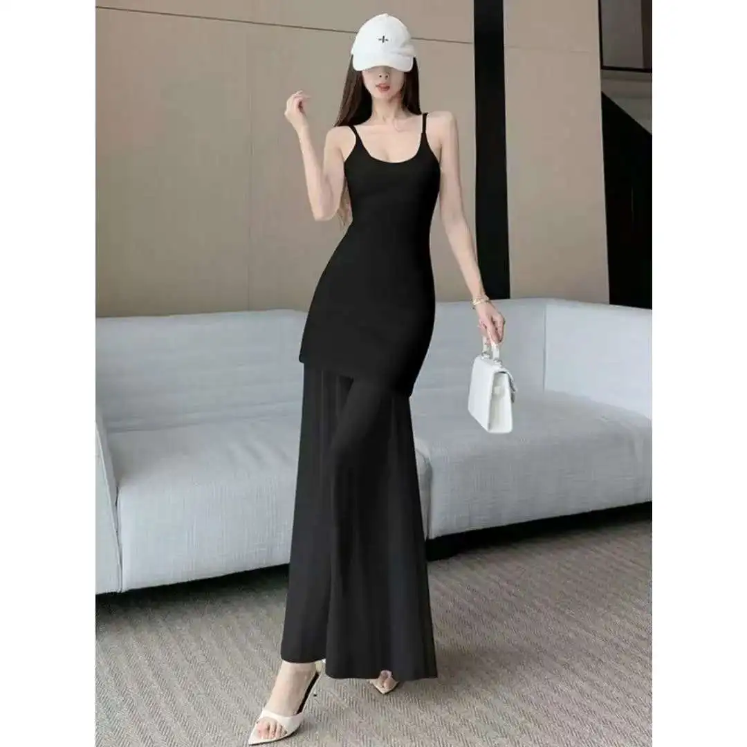 Abito lungo da donna in chiffon a rete elegante nero con cinturino per spaghetti in vita stretta vestibilità slim estate autunno vacanza abito femminile fluido