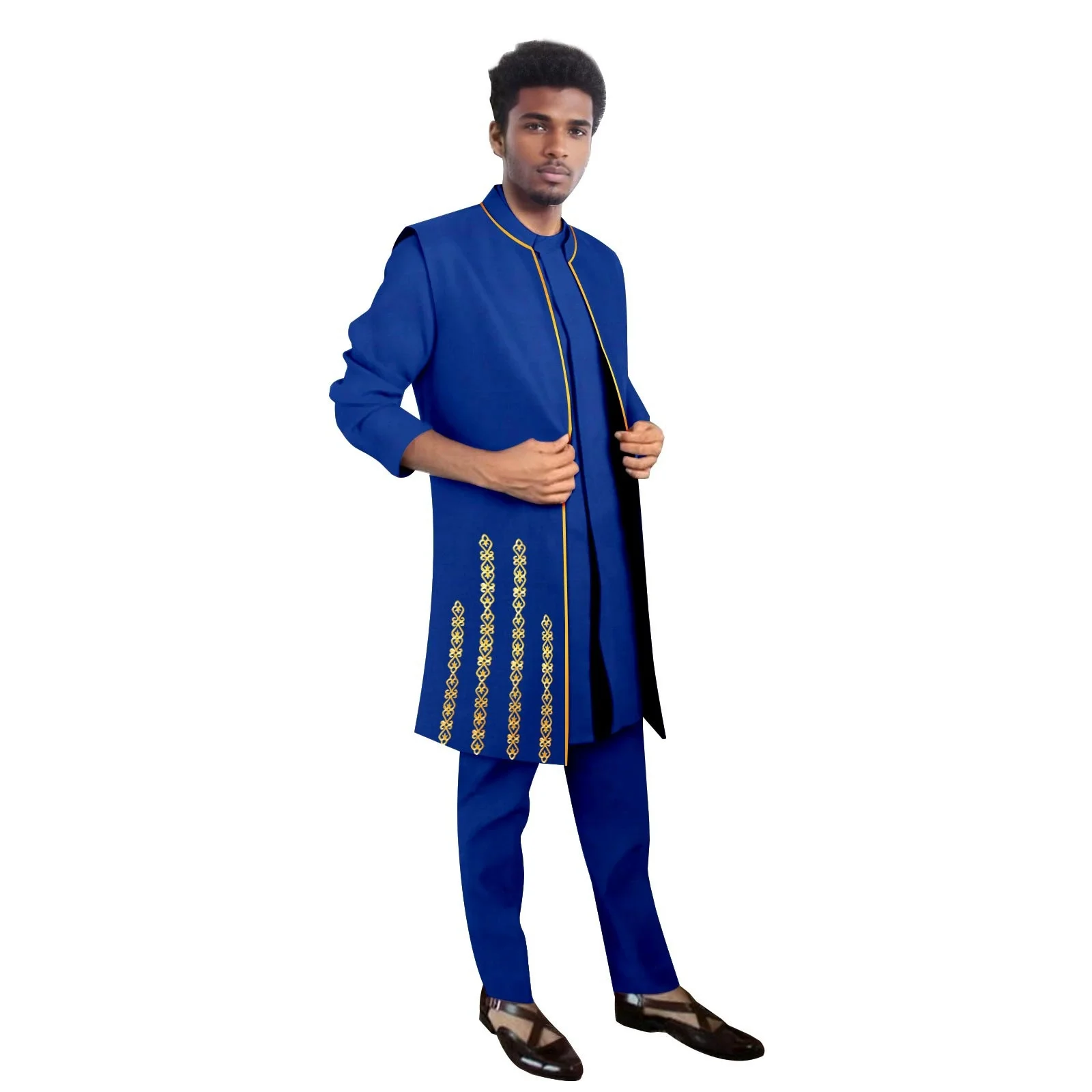 New African Men Suits High Quality Set Stand Collar Embroidery Jacket Shirt and Trousers Custom Wedding Gown Fomral Wear Outfits