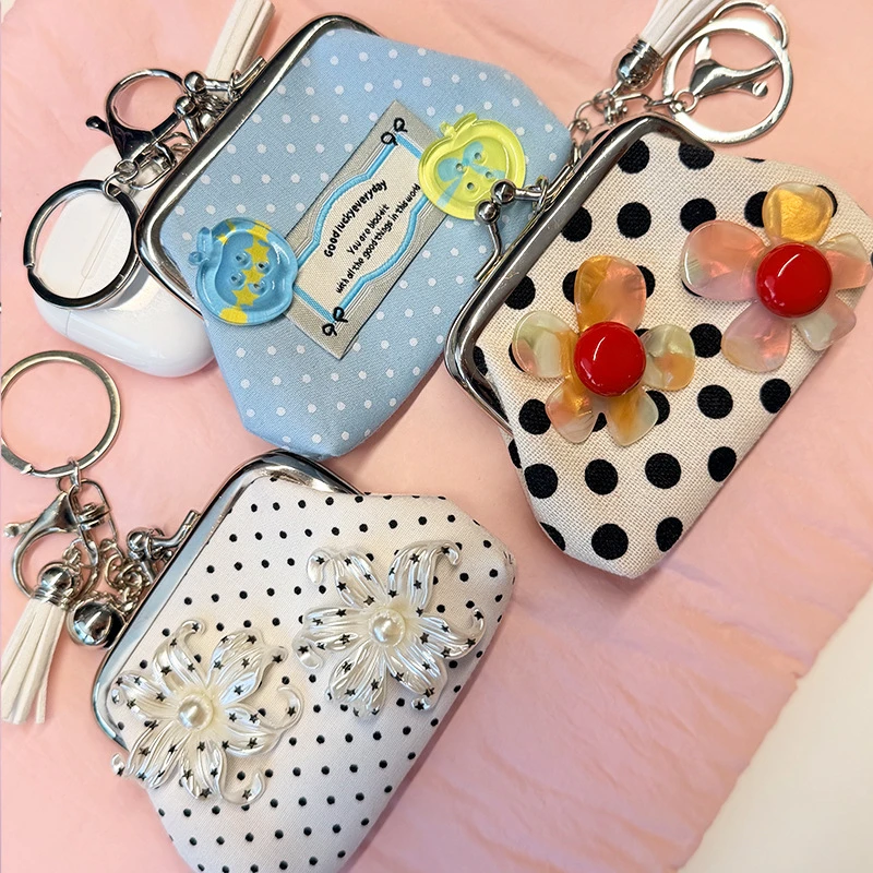 Kawaii Polka Dot Kiss Lock Coin Purse 3D Flower Decor Keychain Mini Lipstick Earphone Storage Bag Girls Small Change Wallet